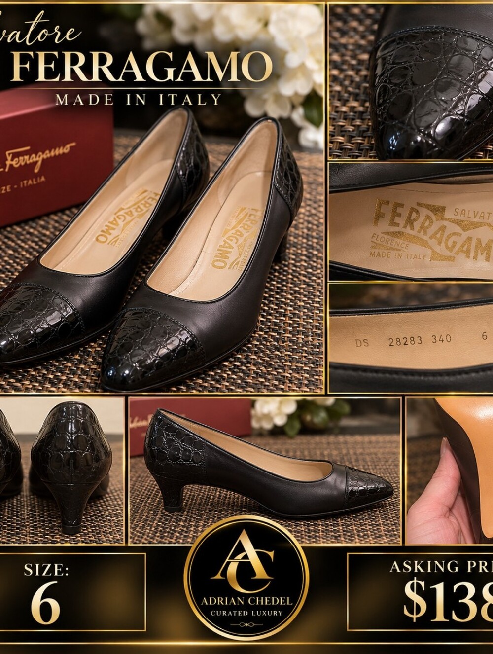 Salvatore Ferragamo Black Leather Croc-Embossed Cap-Toe Pumps